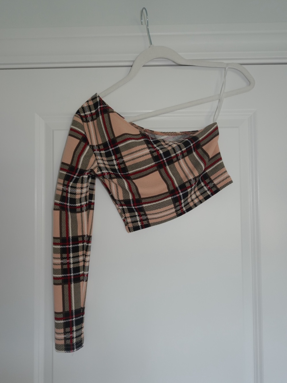Plaid One-Shoulder Crop Top in Beige